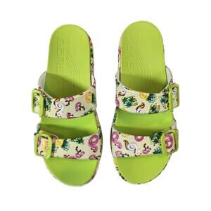 Dansko Lime Green Tropical Flamingo Double Strap Slide Sandals Size 38 7.5-8